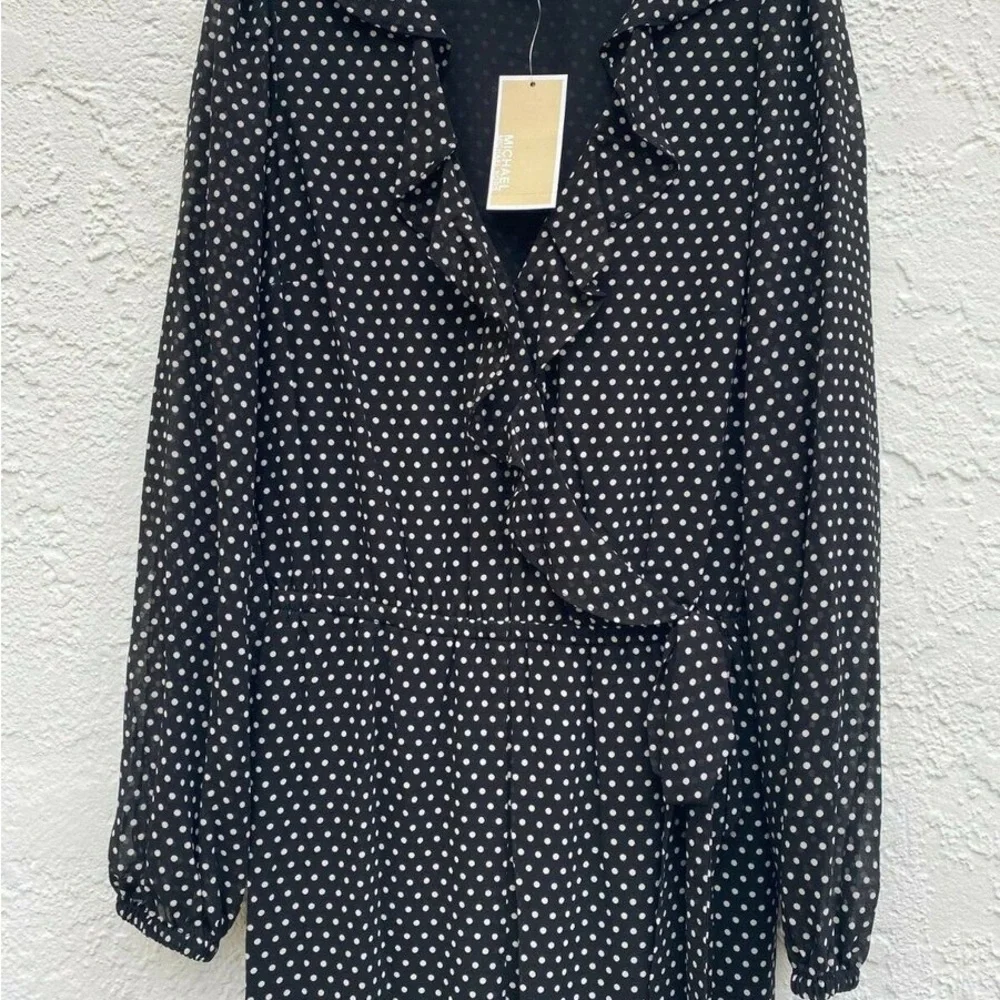 Michael Kors Black and White Polka Dot Long Sleeve Jumpsuit